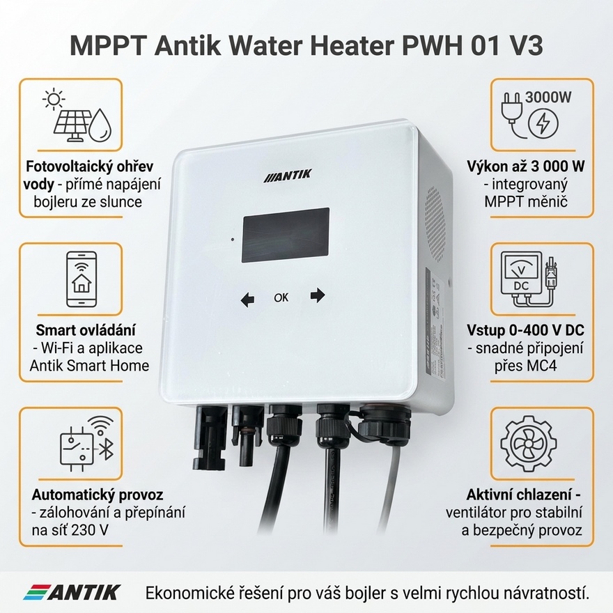 Solární regulátor MPPT Antik Water Heater PWH 01 V3+ 3kW (pro FV ohřev vody)